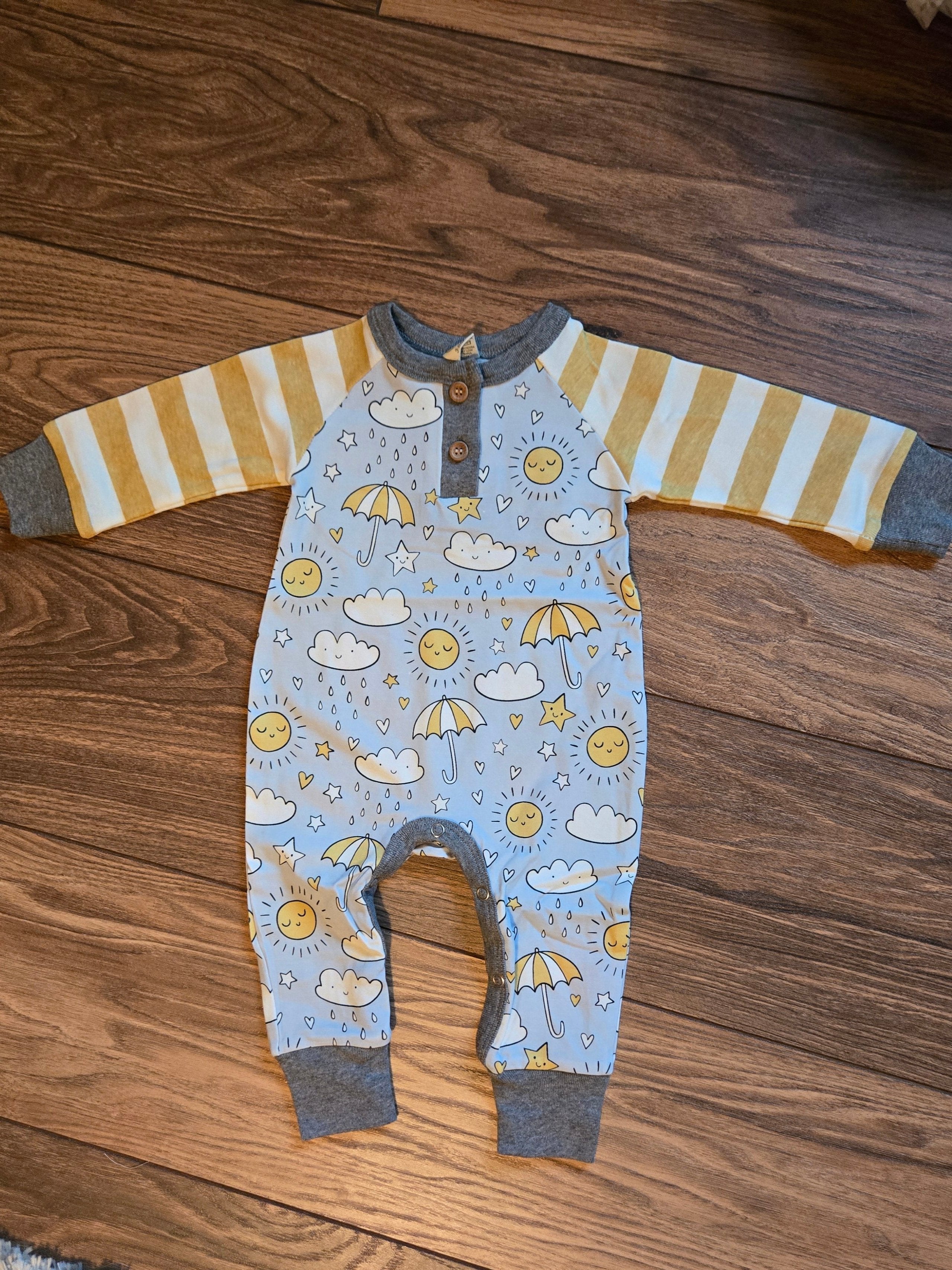 Baby Showers Bamboo Henley Romper-Whimsical Rainy Day full view