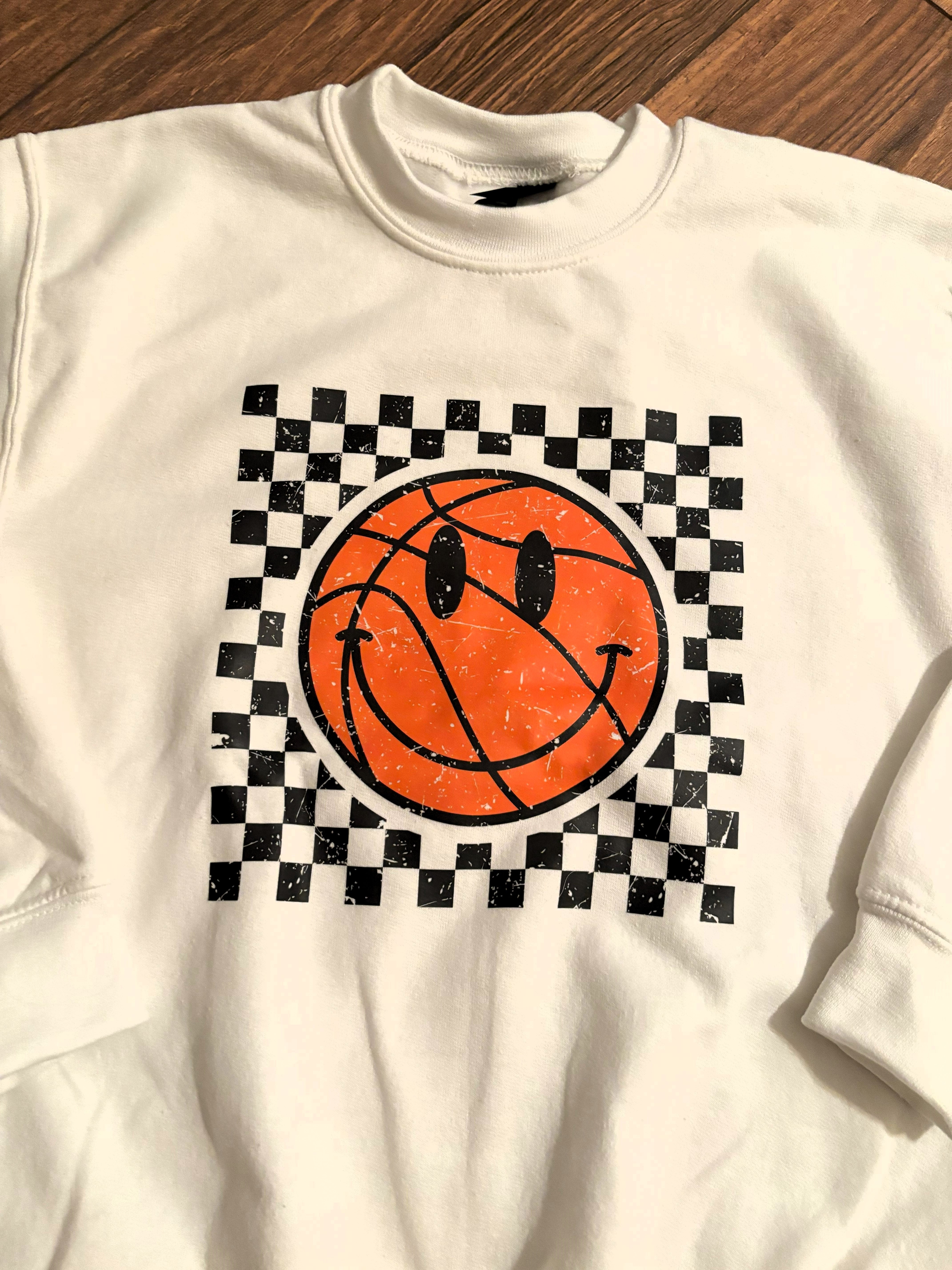 Checkered Distressed Basketball Youth Crewneck Pullover closeup